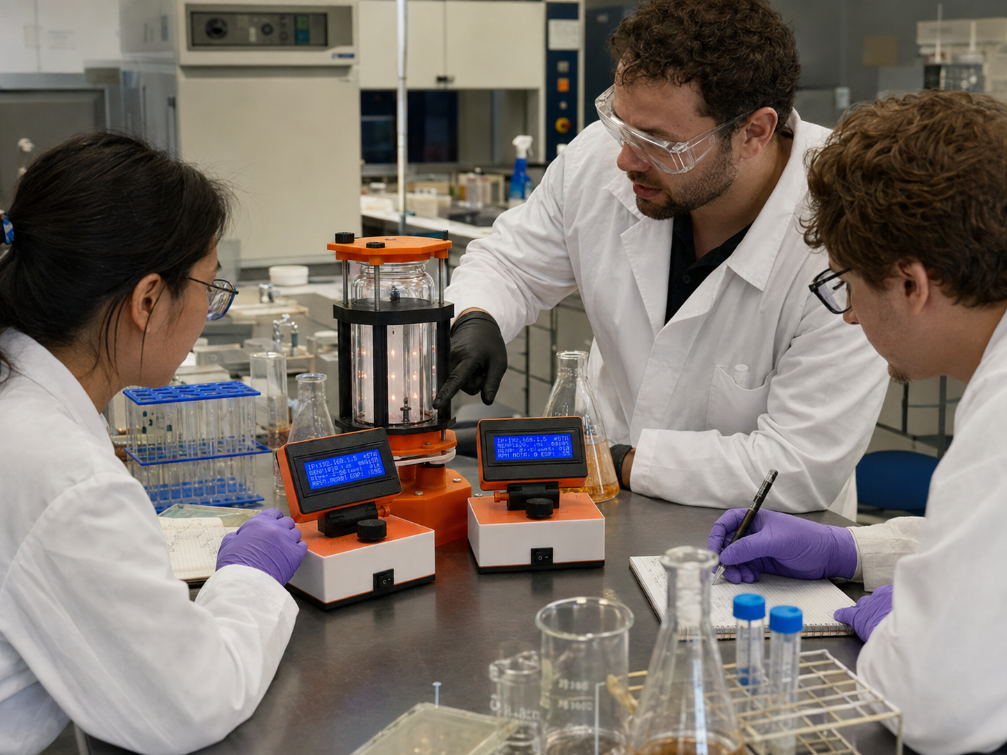 Docente y estudiantes utilizando BioSync en una práctica de laboratorio