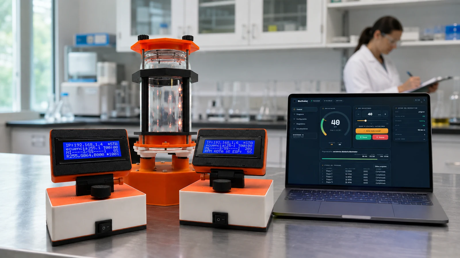 Ecosistema BioSync junto a un computador en un laboratorio de investigación