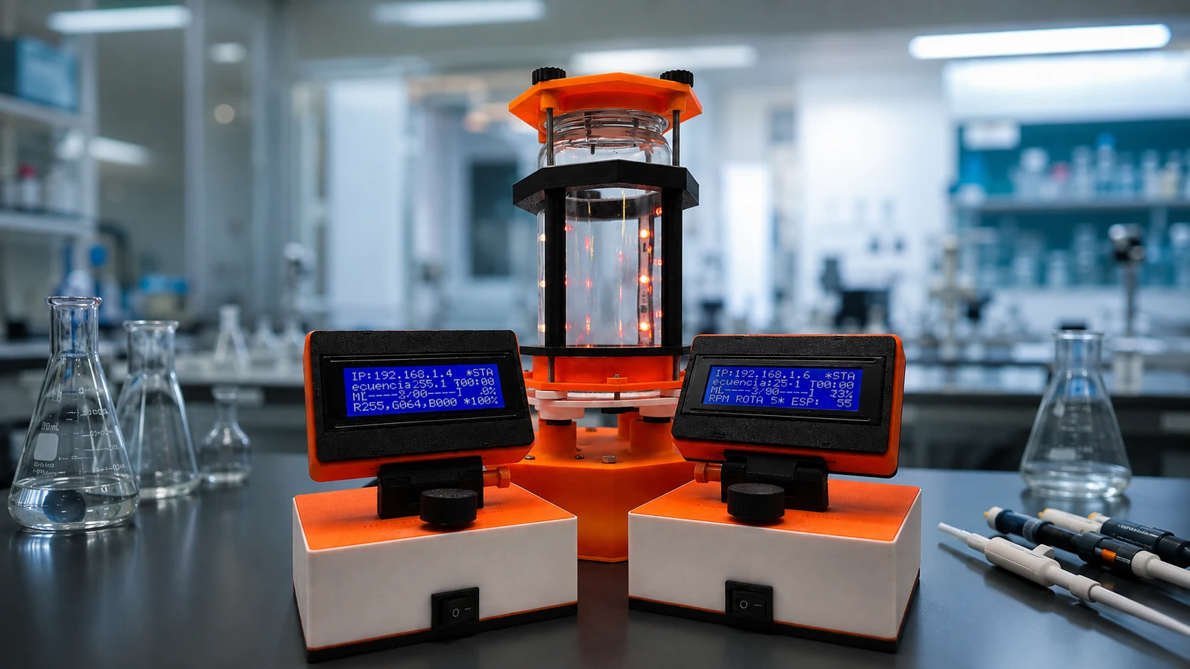 Sistema BioSync con módulo orbital, cámara de iluminación y controladores físicos en laboratorio