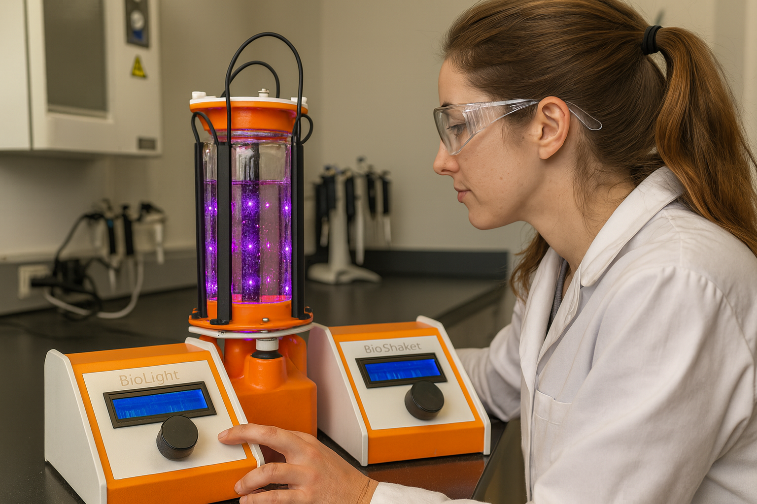 Científica operando el biorreactor BioSync en laboratorio